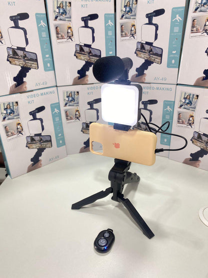 KIT TRIPODE CON MICROFONO + LUZ LED (3 EN 1)