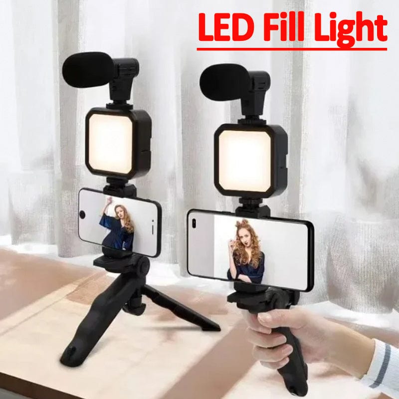KIT TRIPODE CON MICROFONO + LUZ LED (3 EN 1)