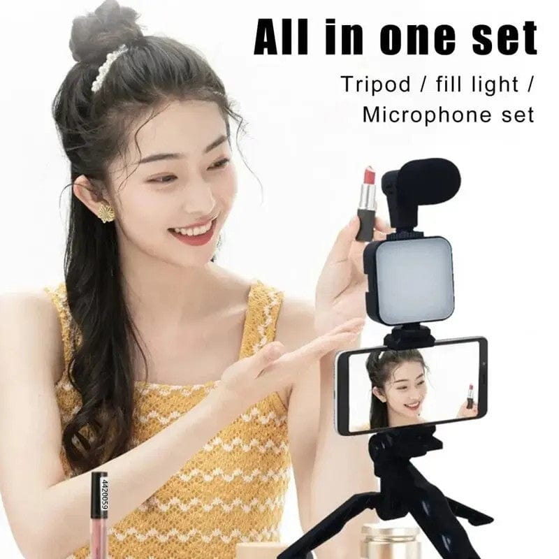 KIT TRIPODE CON MICROFONO + LUZ LED (3 EN 1)