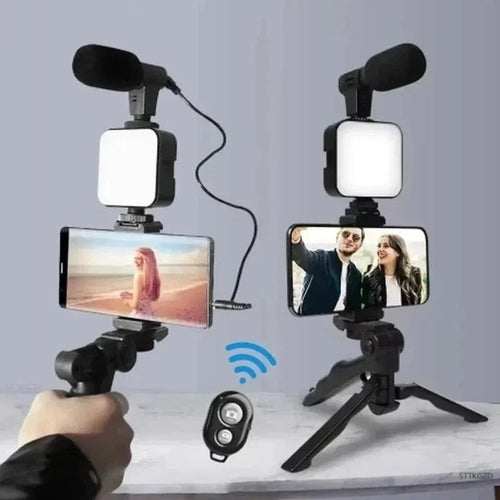 KIT TRIPODE CON MICROFONO + LUZ LED (3 EN 1)